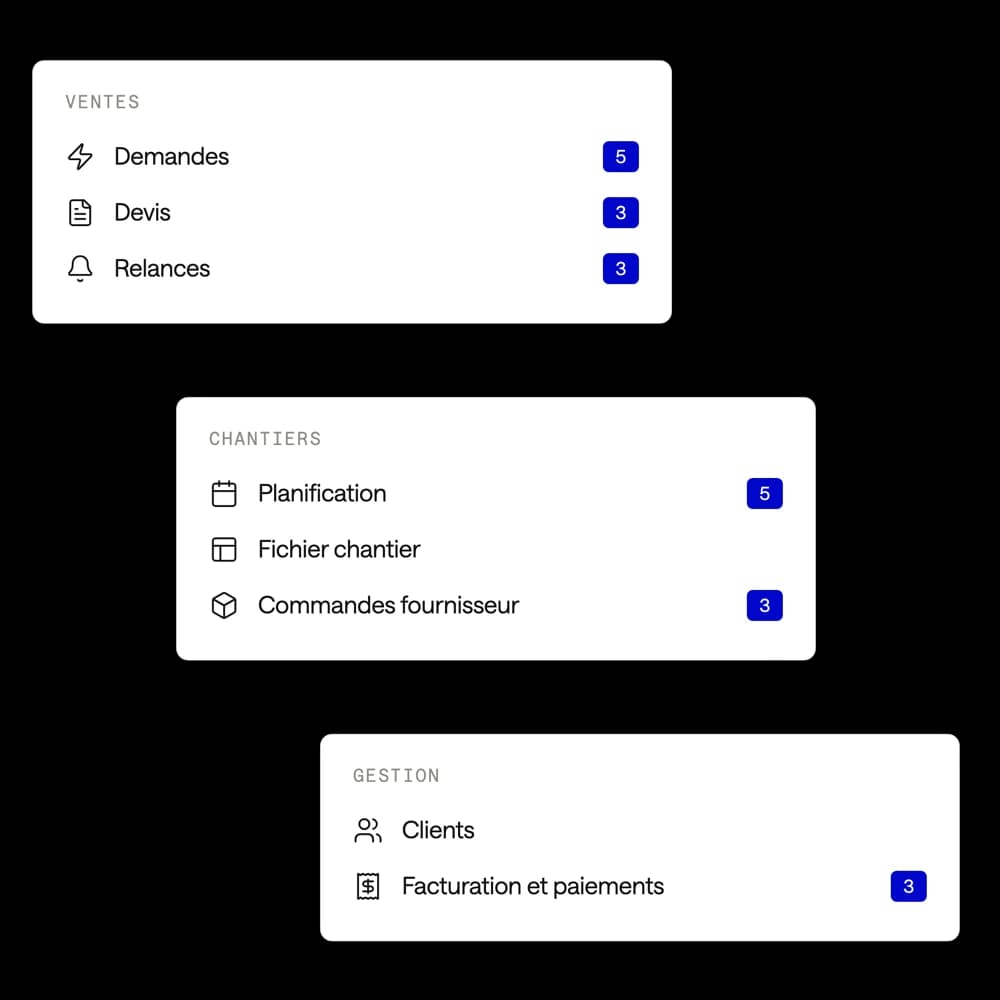 Les groupes de modules d’une plateforme POEISIS : ventes (demandes, devis, relances), chantiers (planification, fichier chantier, commandes fournisseur), gestion (clients, facturation et paiements)